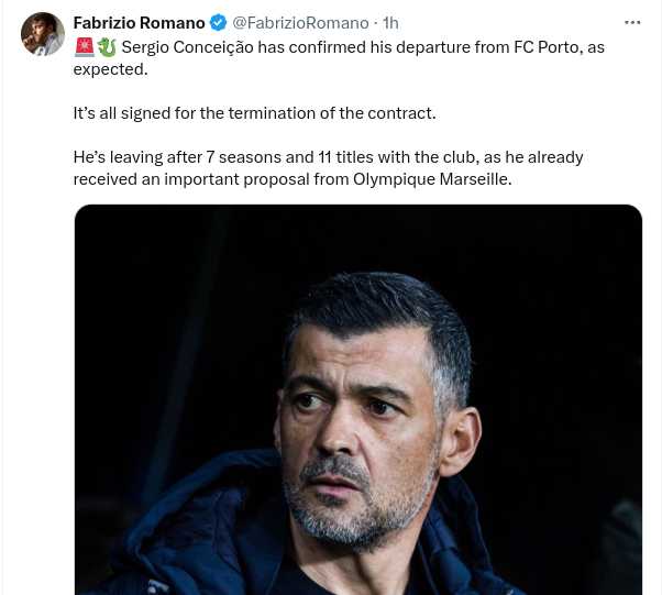 Fabrizio Romano confirme le départ de Conceiçao 